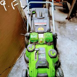 Greenworks Lawn Mower Cordless With A Used Weed Eater Two New 6 Amp Batteries And Charger