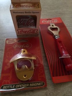 Vintage coca cola bottle openers 3 total 2 brass all new perfect never opened sealed located in palm springs ca