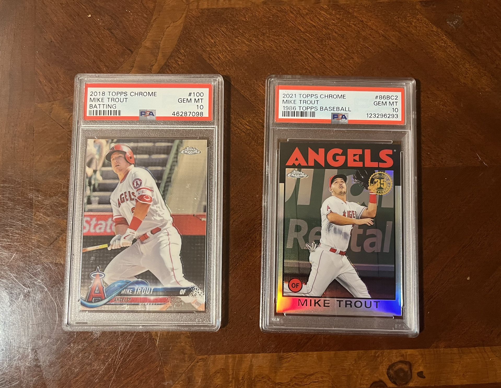 2 Mike Trout 2018 & 2021 Topps Chrome graded PSa Gem Mint 10 baseball cards