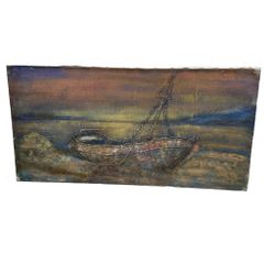 Original Textured Oil Painting on Canvas • Beached Boat at Sunset • 48” x 24”