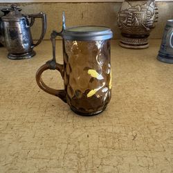 Vintage Mary Gregory Style Amber Glass Beer Stein with Pewter/Glass Lid