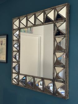 Striking 44” Square Wall Mirror – Rustic Chrome Frame w/ Geometric Detail vs