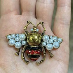 Bee Brooch Pin Made Of Faux Pearls, Rhinestones And Copper