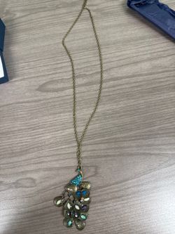Vintage Bronze Peacock Pendant Long Chain Necklace – Colorful Crystals