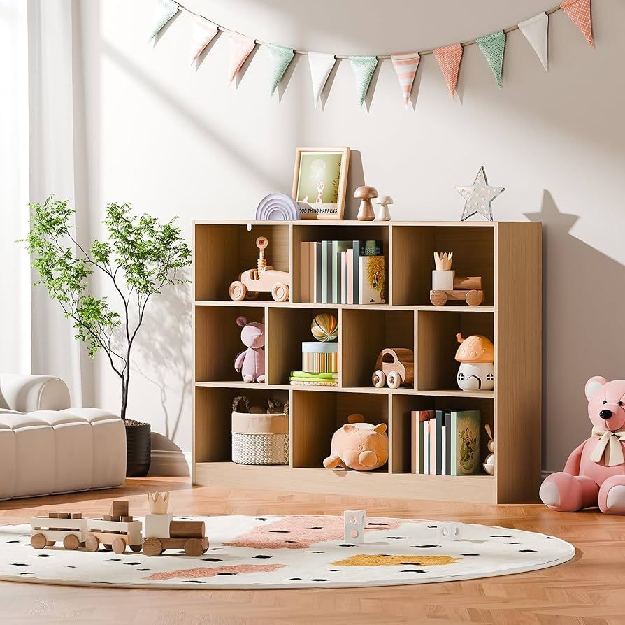 Oak Bookshelf, 3-Tier Open Shelf Bookcase, 10 Cube Storage Organizer with Anti-Tilt Device for Bedroom, Living Room, 55.11" W x 11.61“D x 40.94“H