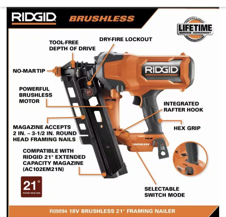 Ridgid 18V 21° Framing Nailer