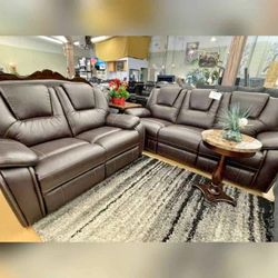 2 Pieces Dark Brown Breathable Air Leather Manual Reclining Sofa Set