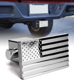 Aluminum 2" Trailer Tow Hitch Cover, Heavy Duty U.S. Flag Metal Emblem Guard, Trailer Hitch Accessories for Pickup Trucks, Cars, SUVs - Silver