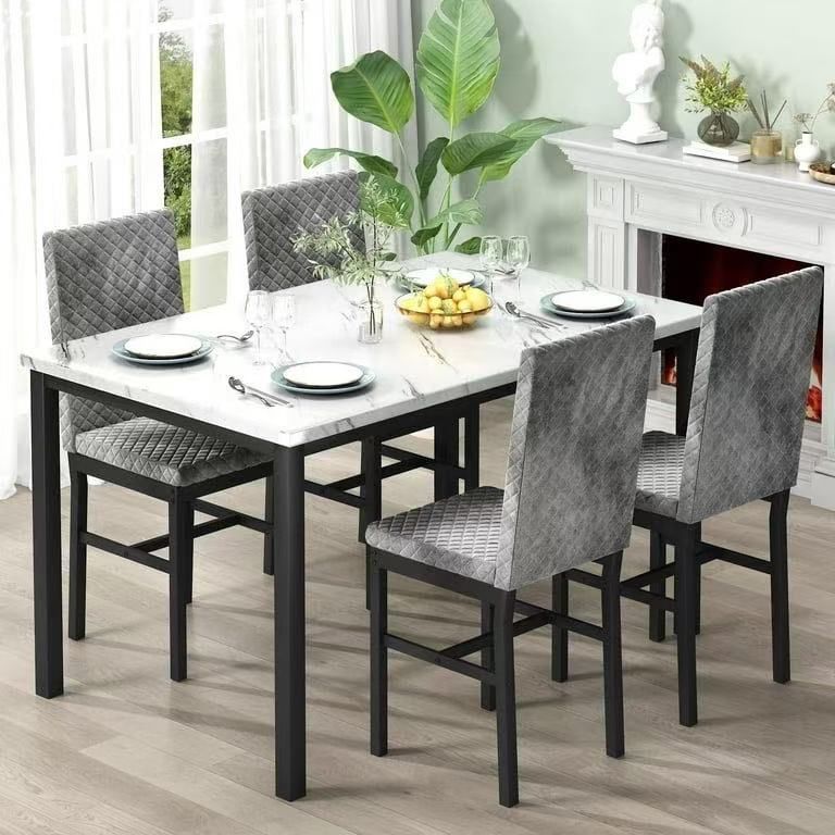 5 Piece Dining Table Set, Kitchen Table and Chairs Set for 4 with Faux Marble and 4 Velvet Upholstered Dining Chairs for Home, Restaurant