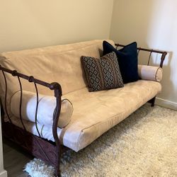 Must Sell FUTON FULL SIZE SLEEPER - Unique Wrought Iron Design Incl Cover And 2 Arm Roll Pillows