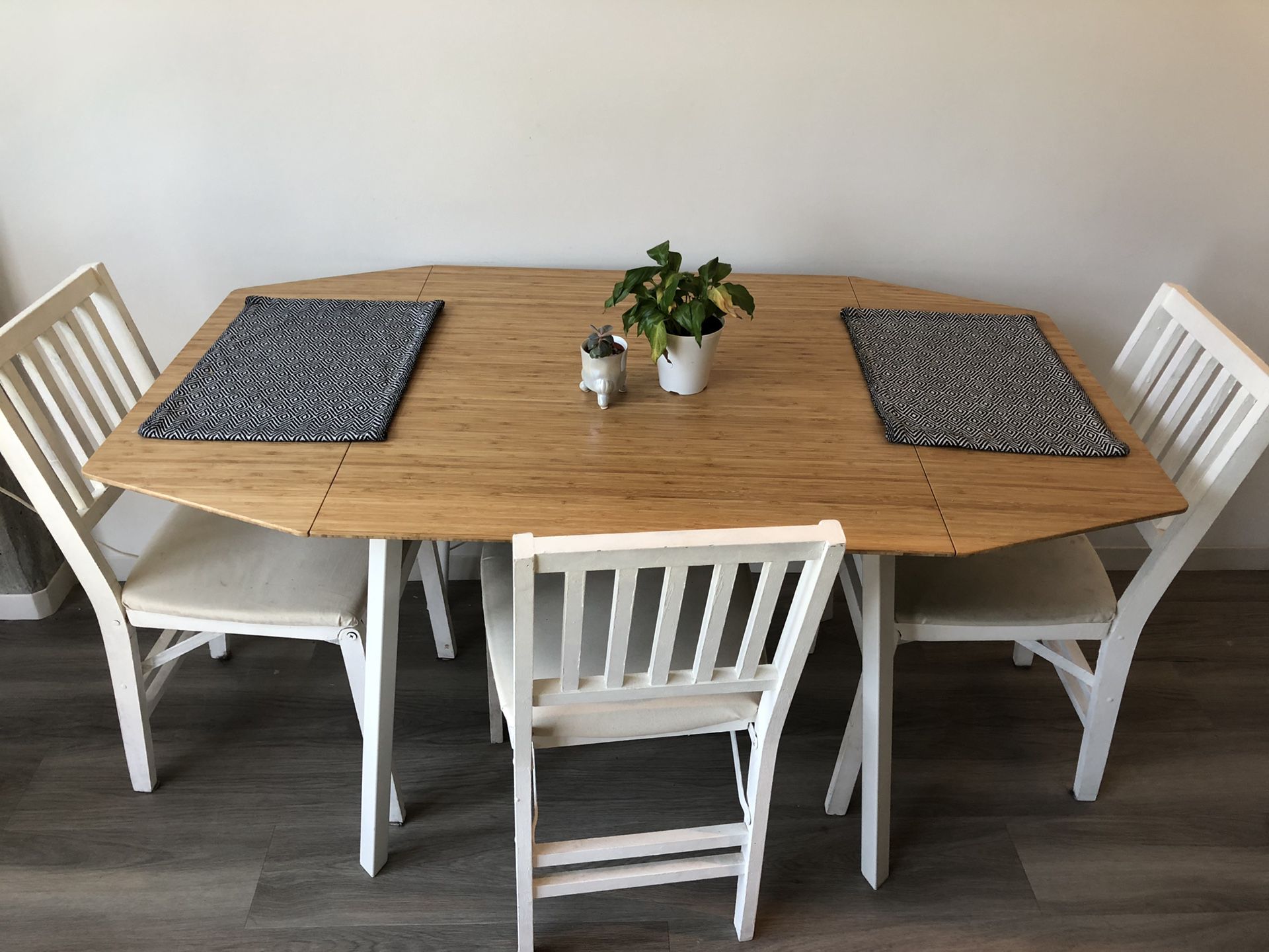 Dining table set - drop leaf table and foldable wooden chairs