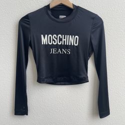 MOSCHINO JEANS Vintage 90s Black White Edgy Fitted Long Sleeve Graphic Crop Top