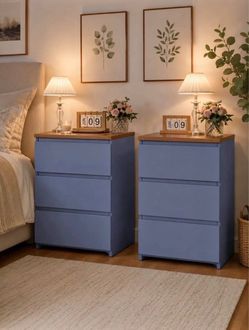 Set of 2 Modern Blue 3-Drawer Nightstands with Wood Tops