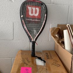 WILSON RAQUET BALL RAQUET EXCELLENT COND PROFESSIONALY STRUNG WITH WIDE HEAD AND GOID GRIP SLEEVE INCLUDED 