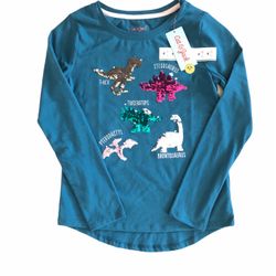 Cat & Jack Girls Long Sleeve Flip Sequin Dinosaurs T-Shirt Botanical Blue, M 7/8