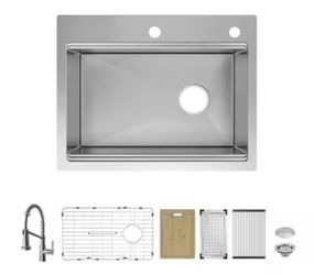 Dolancourt Tight Radius 27 in. Drop-In Single Bowl 18G Stainless Steel Workstation Kitchen Sink with Spring Neck Faucet 