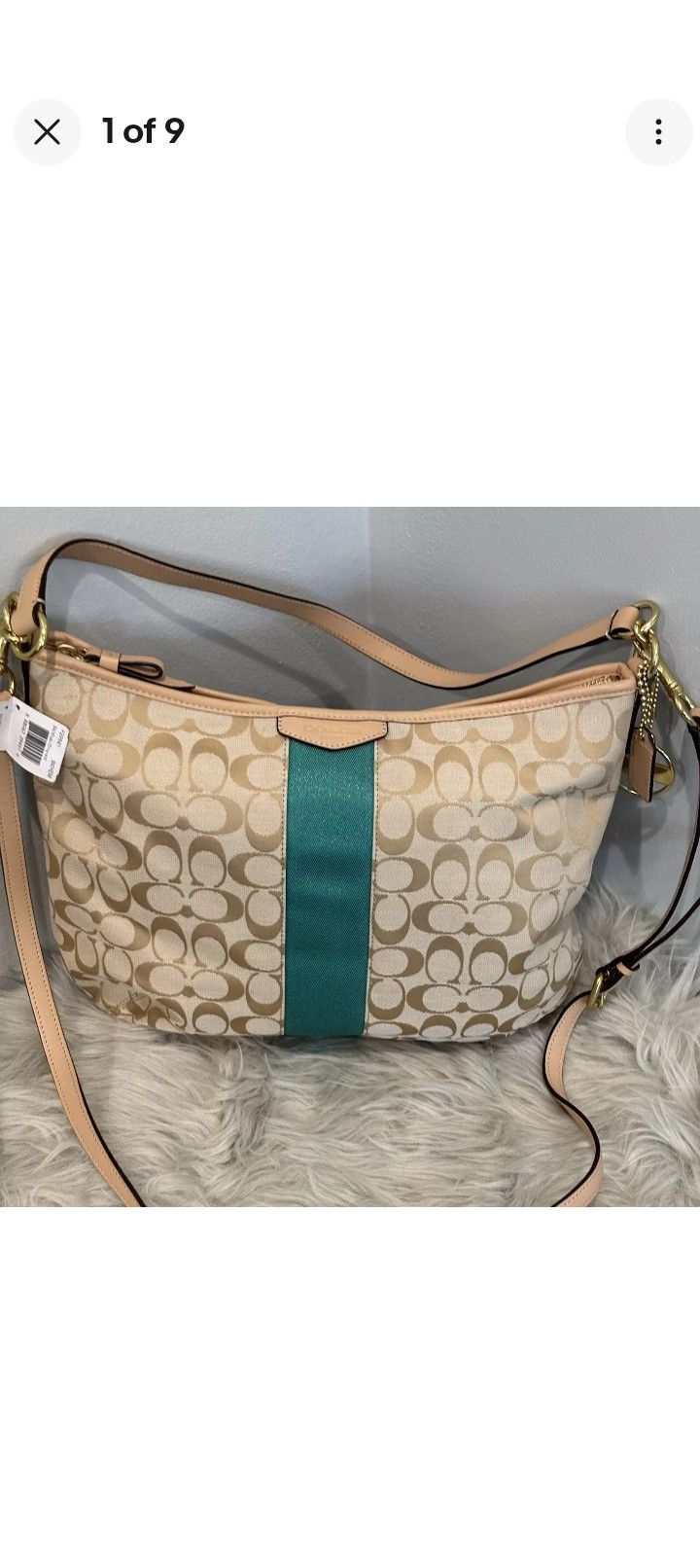 Coach Signature C Stripe Tote Shoulder Bag in Khaki & Emerald Green. New w/ Tags