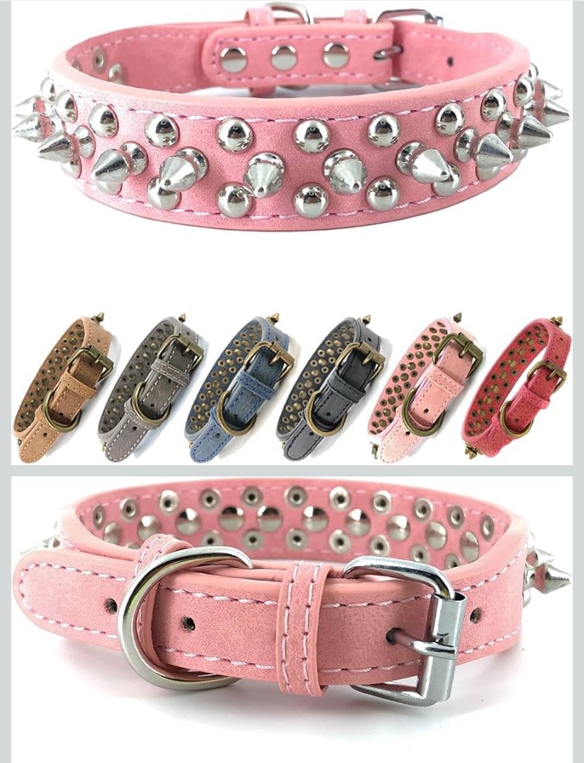 Spiked Studded Dog Collar-Chrome Round Stud Anti-Bite Collar (Pink,L)