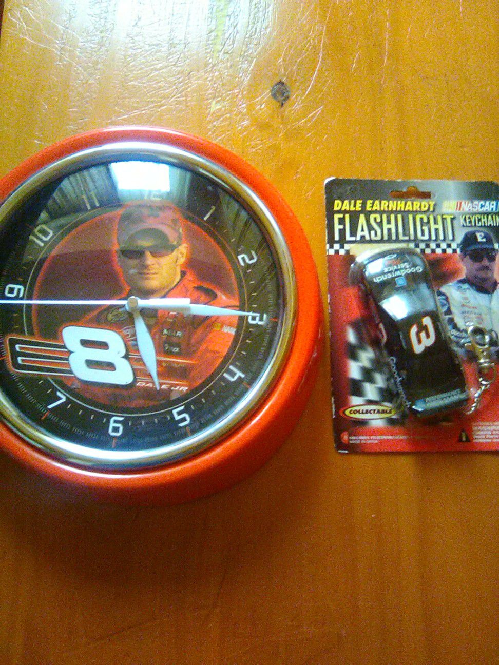 Dale Jr glass and metal clock and Dale sr flashlight keychain