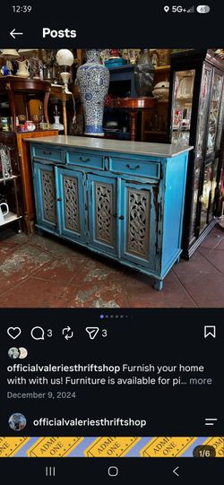 distressed turquoise blue wooden sideboard or buffet cabinet