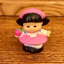 Fisher Price Little People Sonya Lee from Farm Playset Asian American pink dress holding Apple 