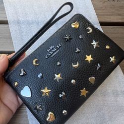 Coach Black Leather Corner Zip Wristlet with Star Moon Heart Rivets NWT