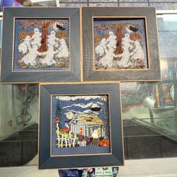 Set of 3 Framed Halloween Cross Stitch Pieces
