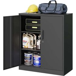 Metal Storage Cabinet with Locking Doors, Black Garage Lockable Steel Cabinets with 2 Doors and 2 Shelves for Home, Garage, Pantry Workshop 