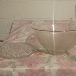 Glass bowl and plate. Bowl 14" wide. Plate 11". No cracks or abnormalities.