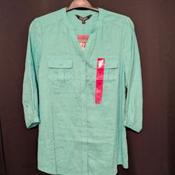 Nicole Miller Bermuda Green Button Up Neck  3/4 Sleeves 100 Linen Woman's Top