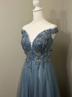 Blue Off-Shoulder Beaded Tulle Formal Gown