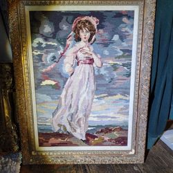 Vintage Needlepoint Blue Boy And Pinkie Wall Art
