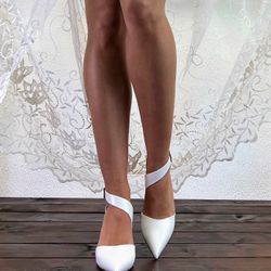 White Bridal Block Heel Shoes | US 8 | 100% Genuine Leather | Wedding Flat Shoes