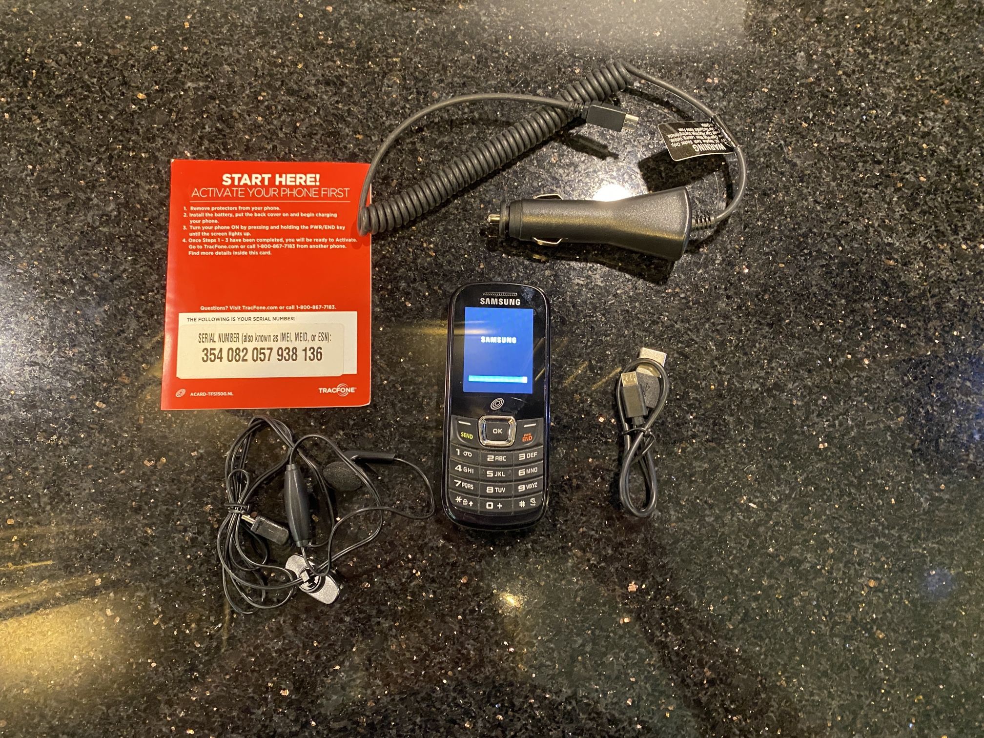 Samsung SGH-S150G Black Tracmfone Cellular Mobile Phone with Earbud DC+AC Cables