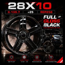 🔥 28x10 6x139.7 REP258 Full Gloss Black Wheels 🔥