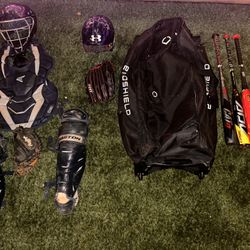 full base ball gear catcher gear and baseball bats