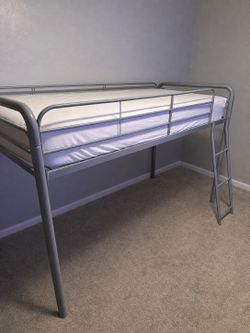 Twin Metal Loft Bed Frame – Gray, with Ladder & Safety Rail
