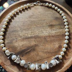 Sterling  Silver Natural Pearl Necklace 