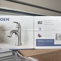 MOEN Wellton brushed nickel faucet — NEW Spot-resist finish (no fingerprints) Drain + hardware included Fits 1 or 3 hole sink