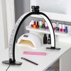 Half Moon Nail Desk Light with Phone Holder, 28 Inch Foldable Half Moon Lamp with Shiny Diamond, LED Light for Manicure, Eyelash Extension, Tattoo, Ha