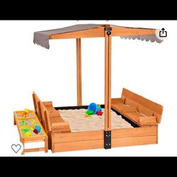 Caja de arena de madera de Aivituvin Kids para patio trasero, caja de arena grande con 2 asientos de banco y almacenamiento de contenedores de juguete