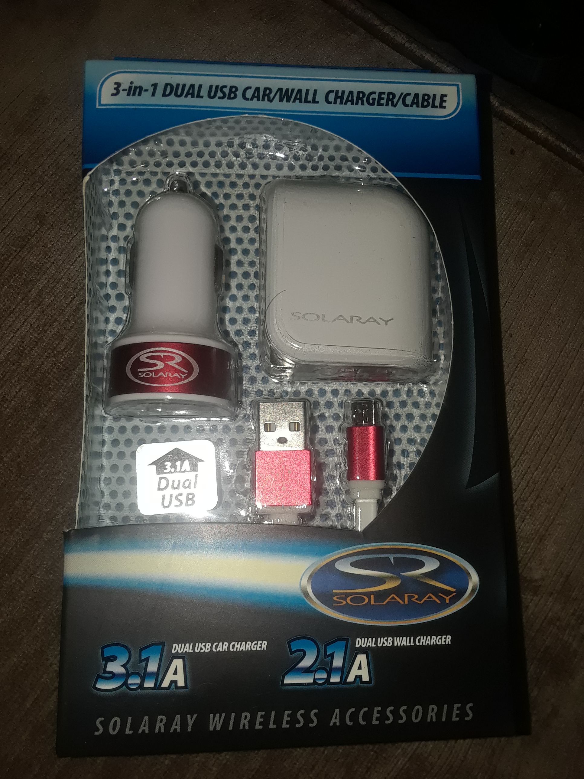 Solaray Wireless Accessories 3 in 1 Dual usb/wall/multi cable pink/white
