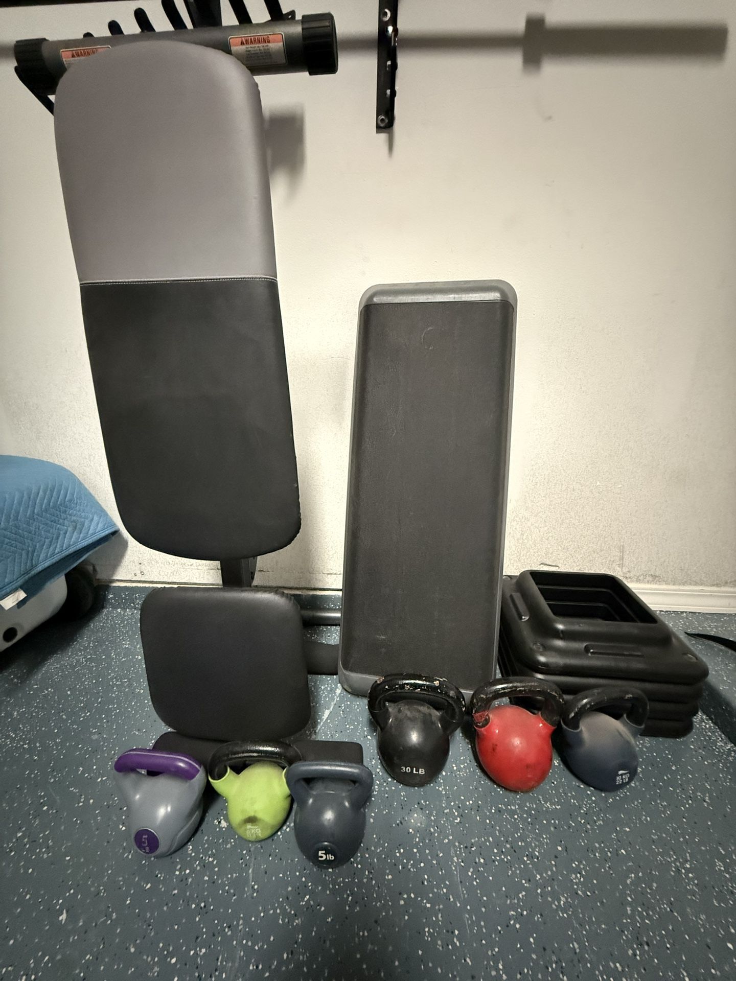 Treadmill, Kettlebells & Bench
