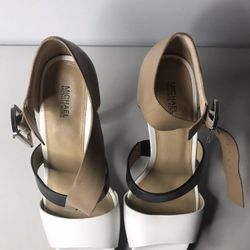 Michael Kors Black White Brown Leather Strap Pump Heels Women Sz 10M US/41EU/8UK