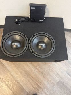 Sundown 2-12” subs in box with 1750 watt rms amplifier with bass knob