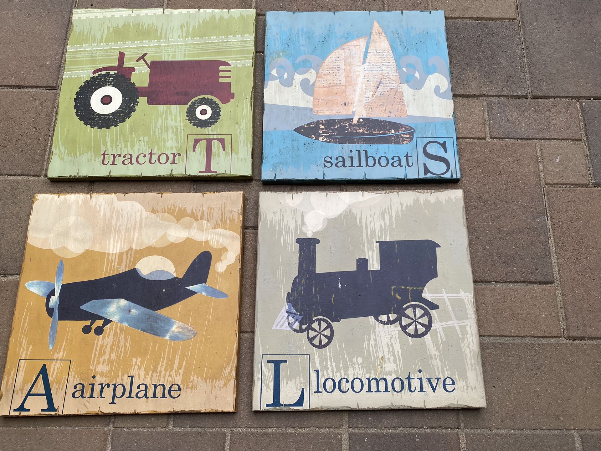 4 wood shabby chic 16” sq wall art. Airplane,train,sailboat,tractor. Wired for hanging. Pottery barn