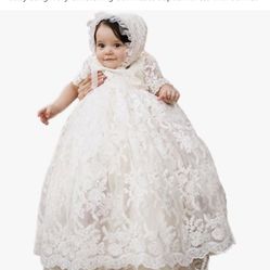 Baby Long Ivory Christening Gown Lace Baptism Dress with Bonnet