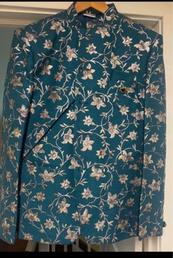 Teal Floral Brocade Bandhgala Jacket