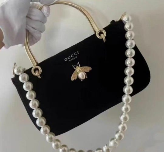 GG Velvet Large Makeover Cosmetic Bag Red/Black Two Colors Shoulder Handbag with Inner Pearl Chain