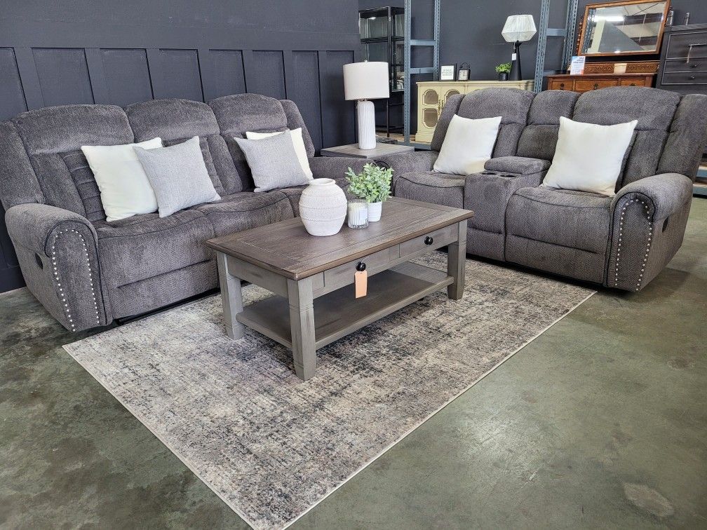 Manual Double Reclinering Sofa Set In Charcoal Gray